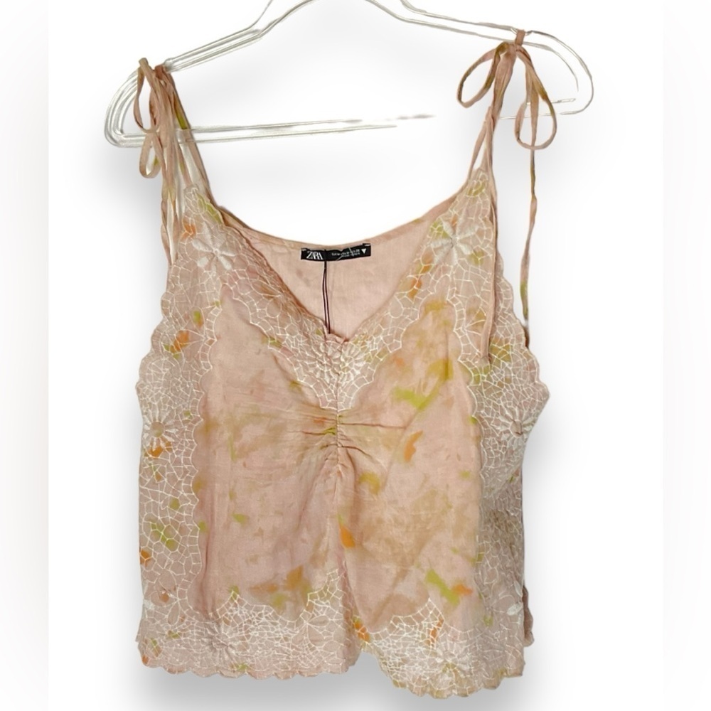 Zara Crop Top Embroidered Cotton Peach Pink Boho‎ Floral Tie Dye Size Medium NWT